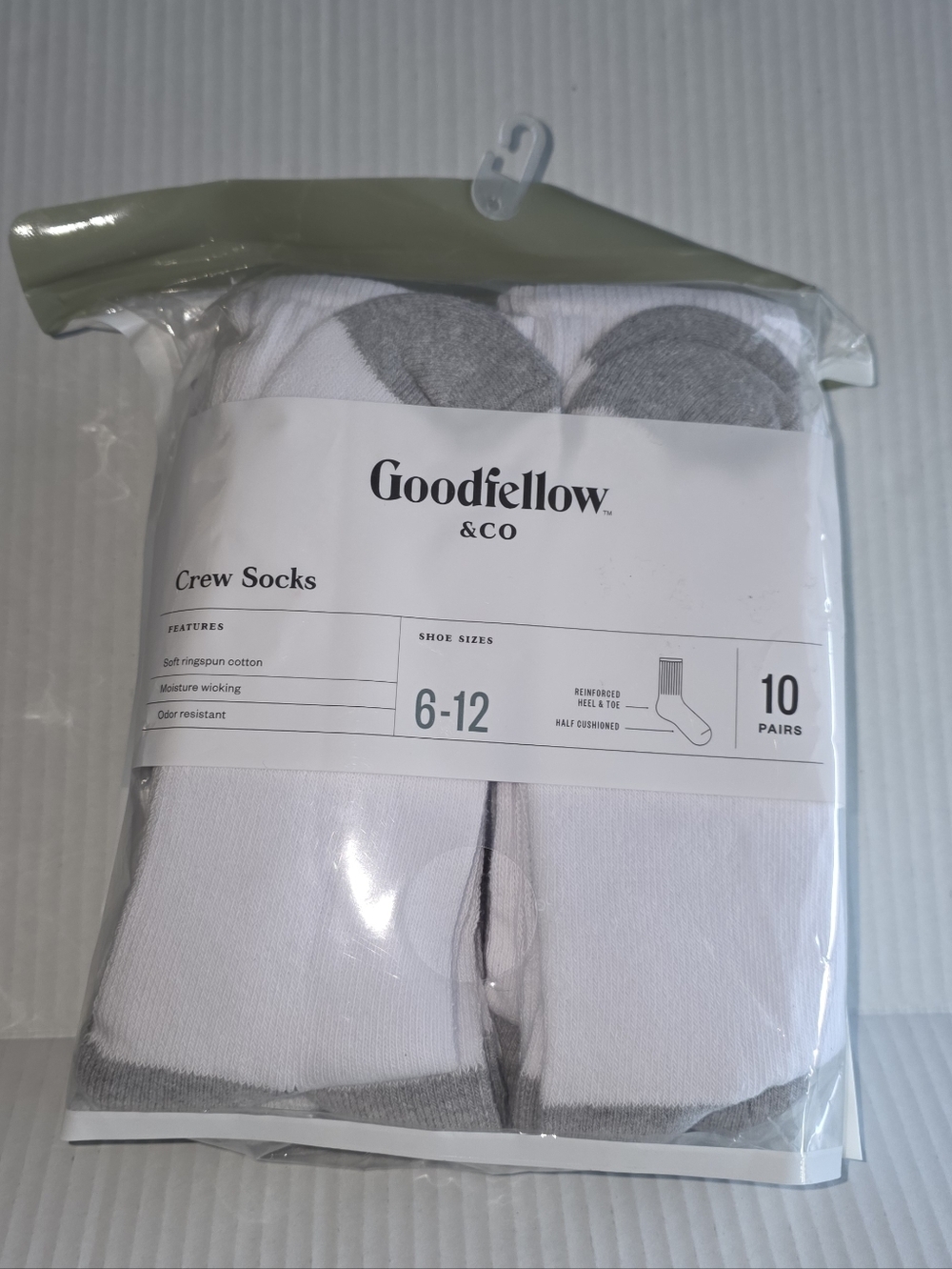 NIP Goodfellow & Co White Crew Socks with Gray Heel & Toe - 10 Pack Size: 8-12